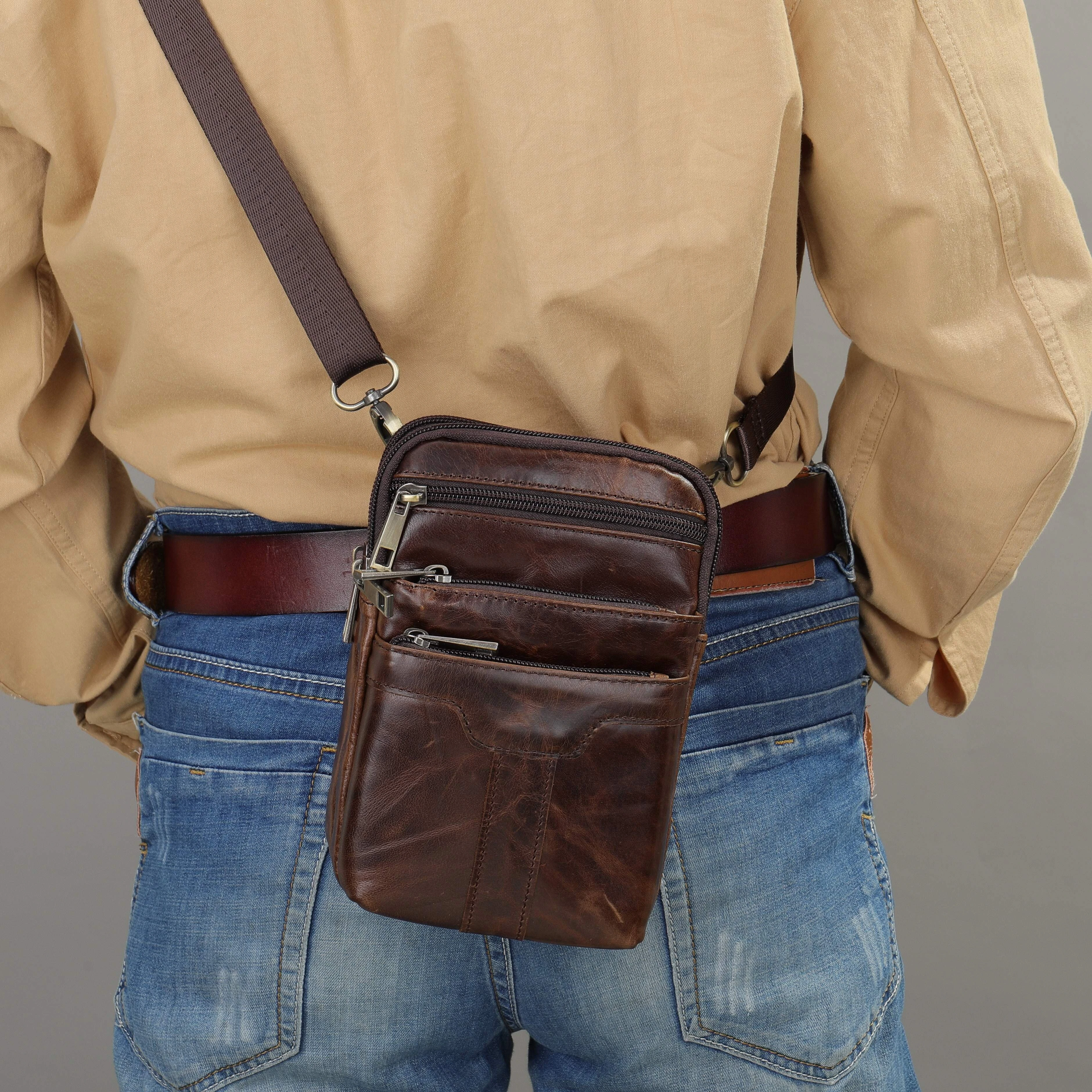 (image for) Ekphero Men's Genuine Leather Crossbody Bag with Zipper Mobile Phone Shoulder Bag Small Travel Waist Bag Multi-Pockets Male Belt Waist Packs